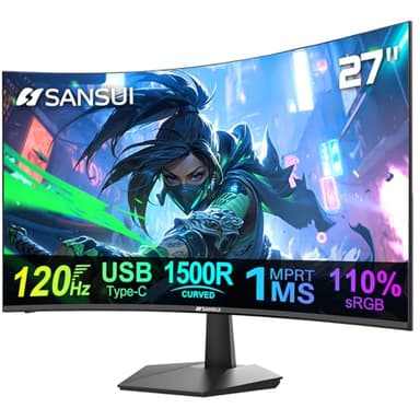 SANSUI Curved Monitor 27 inch 120Hz USB Type-C Computer Monitor with Speakers Built in丨FHD 1080p丨HDR丨110% sRGB丨1500R丨VESA Compatible,for Tablet,Desktop,Laptop and PC Work Gaming