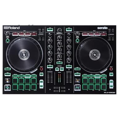 Roland DJ-202 Compact DJ Controller | 2-Channel, 4-Deck Controller for Serato DJ Lite | Large, Low-Latency Platters | Iconic Roland Drum Kit Sounds