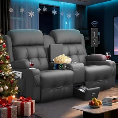 TOMOSLTER Home Theater Seating Loveseat Recliner Sofa, Massage Reclining Couch with USB, Center Console, Wall Hugger RV Recliners, 145° Recline & Cup Holders & Side Pockets,for RV & Movie Room