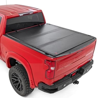 Rough Country Hard Tri-Fold Flip Up Tonneau Cover for Chevy Silverado & GMC Sierra 1500 (2019-2026) – Flush Aluminum Bed Cover, Fits 5'10" Short Bed