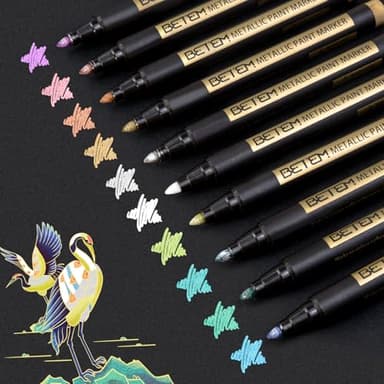 Betem Metallic Paint Markers, 10 Colors Acrylic Metallic Markers for Black Paper, 2mm Medium Tip Glitter Pens Stocking Stuffers for Scrapbooking, Rock, Photo Albums, Eggs, Card Making Painting Kit