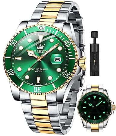 OLEVS Mens Watch Green Watches for Men Luxury Classic Gold and Silver Watch Men Fashion Nice Dress Tow Tone Stainless Steel Big Face Waterproof Analog Quartz Men's Wrist Watches Relojes para Hombre ﻿