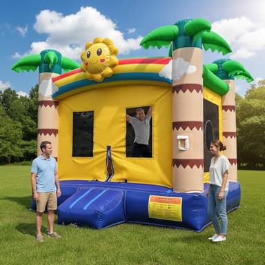 Inflatable Commercial Grade Bounce House: 13FT(L) Large Bouncy Castle for Adults and Teenagers - 750W Blower, Basketball Hoop, Premium PVC, Tropical Style - for Backyard Outdoor Indoor