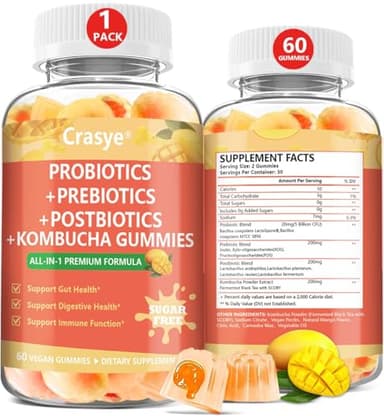 Crasye Probiotic Kombucha Gummies Sugar Free Prebiotic Postbiotic Probiotics Gummy for Women and Men Bloating Gut Health Immune and Digestive Support - 60 Gummies - 30 Servings