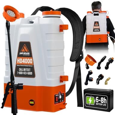PetraTools Battery Powered Backpack Sprayer 4 Gallon - 6 Hours Long Battery Life & Padded Straps for Comfort - HD4000 Electric Backpack Garden Sprayer with 6 Spray Nozzles & 90PSI Adjustable Pressure