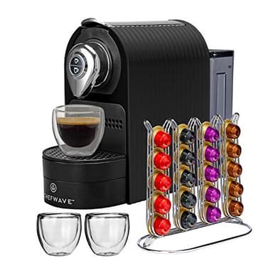 ChefWave Espresso Machine and Coffee Maker (Black) - Compatible with Nespresso Capsules, Programmable, One-Touch, Italian 20 Bar High-Pressure Pump Bundle with Pod Holder and Glasses