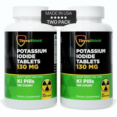 ThyroShield Potassium Iodide Tablets - 130mg Iodine Tablets for Radiation Exposure | USA Made Nuclear Fallout Pills KI Pills YODO Naciente 120 Tablets (2 Pack)