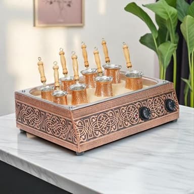 Traditional Handcrafted Copper Sand Coffee Maker Machine – With 8-Pots – 2000 Watt, 110 Volt – Authentic Turkish Coffee Experience rich in foam