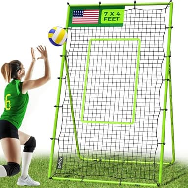 Volleyball Rebounder Net Lacrosse Rebounder Bounce Back Equipment with 5 Adjustable Rebound Angles Ground Stakes Neon Strap for Lacrosse Training and Volley Ball Practice (Volleyball - 7 x 4 ft)