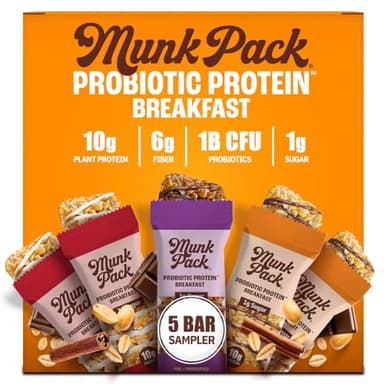 Munk Pack Sampler Pack Probiotic Protein Snack Bars | 10g Plant Protein, 1g Sugar, 6g Fiber |Diabetic-Friendly Ideal Breakfast Bars - On-the-Go Snacks, Gluten-Free, Non-GMO | 5 Count