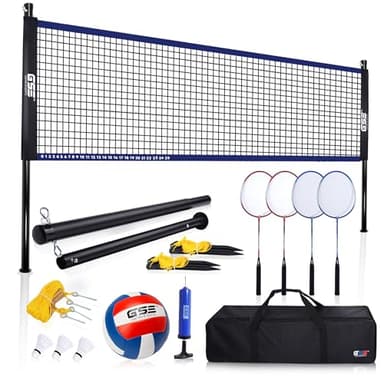 GSE Games & Sports Expert Outdoor Portable Badminton/Volleyball Complete Set with Net System, 4 Badminton Paddles, 3 Shuttlecocks, Volleyball, Boundary Line. Great for Backyards, Parks, Beach, Lawn