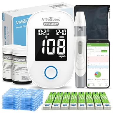 VivaGuard Ino Smart Blood Glucose Monitor Kit with Free App, Bluetooth and Rechargeable Blood Glucose Meter with 100 Strips & 100 Lancets, Travel Portable Blood Sugar Diabetes Testing Kit, No Coding