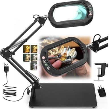 Veemagni 10X Magnifying Glass with Light and Stand, Rectangle Real Glass, 5 Color Modes Dimmable 2-in-1 LED Lighted Desk Lamp & Clamp, Hands Free Magnifier for Reading Craft Repair Painting Close Work