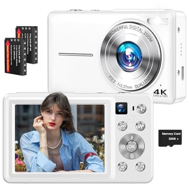 4K Digital Camera, 64MP Autofocus Vlogging Camera with Dual Lens, 16X Digital Zoom YouTube Compact Travel Point Shoot Camera for Teens Beginner, Anti-Shake,2 Batteries, 32GB Card (White)
