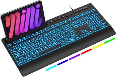 SABLUTE K31PRO Wired Keyboard with Large Print, Backlight Memory Function, Light up Computer Keyboards with Phone Holder & Wrist Rest, Quiet Keyboards for PC Laptop