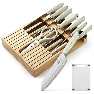 N NOBLE FAMILY In-drawer Knife Block Set, 16PCS Kitchen Knife Set with Wooden Block, Chopping Knives Set, Stainless Steel Knife Block Set, Sharp Cooking Knife Set with Cutting Board, Rust Proof, White