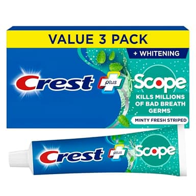 Crest + Scope Whitening Toothpaste - Pack of 3, 5.4 Oz Tubes - Anticavity Fluoride Toothpaste, Fresh Breath, Kills Germs - Tartar Protection, Enamel Protection - Minty Fresh Flavor