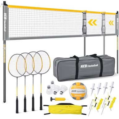 Haokelball Badminton Volleyball Net Set Combo – Adjustable Width 20-32ft & Height, with Rackets, Shuttlecocks, Volleyball, Boundary Line, Carry Bag – Badminton Sets for Backyards, Outdoor, Grass, lawn