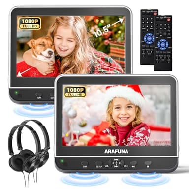 ARAFUNA 10.5" Portable DVD Player for Car with 1080P Full HD HDMI Input, Car DVD Player Dual Screen with Mounting Bracket, Headrest DVD Player Support Last Memory, USB/SD Card