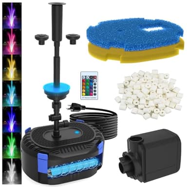 AquaMiracle Pond Filter with Fountain Kits | Remote Control Colorful LED Lights | 850GPH Koi Pond Filter Pump with U - V | Tackle Green Water Al-gae | 3 Spray Patterns | for Outdoor Ponds 500-750 Gal