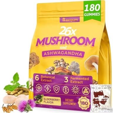 Mushroom Gummies 4000mg, Brain Supplements for Memory and Focus, 26 Mushroom Supplement with Ashwagandha & Lion's Mane, Milk Thistle, Green Tea - Focus, Clarity, Immunity, Liver Detox, 180 Gummies