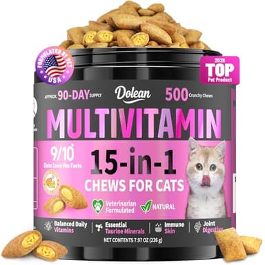 Taurine for Cats Vitamins Treats, 15 in 1 Cat Multivitamin Support Skin, Joint, Digestion & Immune Supplement, 500 Crunchy & Creamy Chews with Essential Vitamins for Cats of All Ages (90-Day Supply)