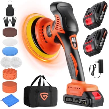 GEARLASSO Car Buffer Polisher, 8 Variable Speed Car Polisher 2800-6000RPM Cordless Car Polishing Machine with 2x 21V 2000mAh Batteries and 17 Piece Polishing Kit for Car Detailing Scratch Removing