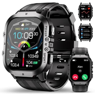 OUKITEL Military Smart Watches for Men(Answer/Make Calls), 1.96'' Fitness Smart Watches for Android/iPhone, Waterproof Smart Watch with Blood Pressure/Heart Rate/100+ Sport Modes, Watches for Men