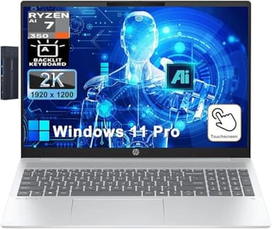 HP Omnibook 5 16" 2K Touchscreen Copilot+ Laptop, AMD Ryzen AI 7 350, 16GB RAM 1TB SSD, HDMI, Wi-Fi 6, Bluetooth 5.4, Backlit Keyboard, Webcam, 256gb 9H Docking Station, Windows 11 Pro, Silver