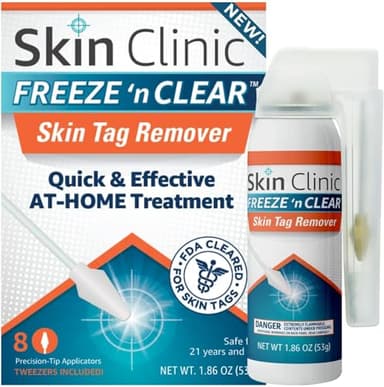 Skin Clinic Freeze 'n Clear Skin Tag Remover - Cryogenic Kit with 8 Precision-Tip Applicators + Tweezers - FDA-Cleared Freezing Skin Tag Treatment Solution for Adults