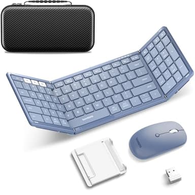 Foldable Keyboard and Mouse, Samsers Folding Bluetooth Keyboard Combo, 2.4G + BT5.0 x 2, Full-Size Portable Travel Keyboard & Rechargeable Wireless Mouse for Windows Android iOS Mac OS, Blue