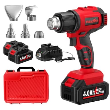 FULLYEA Cordless Heat Gun, Max 1022°F (550°C) Fast Heating, Lightweight Hot Air Gun Kit with 2x4.0Ah Batteries & 5 Nozzles, Portable Heat Gun for Shrink Tubing, PVC Wrap, Crafts (Red)