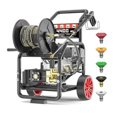 TechSweepPro 4400PSI Gas Pressure Washer with Hose Reel, 4 GPM, One-Button Electric Start 296cc 15HP Commercial Pressure Washer with 50FT 3/8" Hose, Spray Gun & Wand, 5 Quick Connect Nozzles