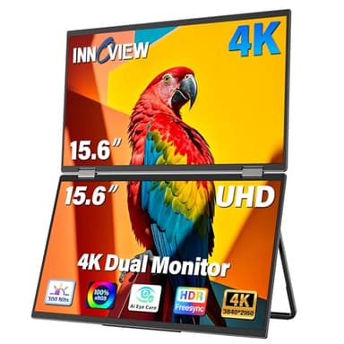 InnoView Portable Dual Monitor 15.6" 3840x2160P 4K 100% sRGB | Owl Eye Vision - Foldable Design with 315° Screen Adjustment, 180° Stand | DP/USB-C/HDMI, Dual Screen Extender for Laptop, Mac, Windows