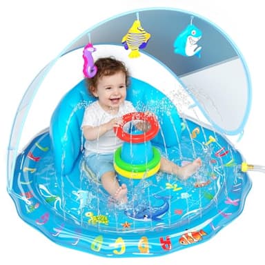 Qmioti Baby Splash Pad with Canopy, Inflatable Baby Pool with Sprinkler, Stackable Rings & Hanging Toys, Water Sprinkler for Kids, Summer Outdoor Water Play Toys for Baby Toddlers