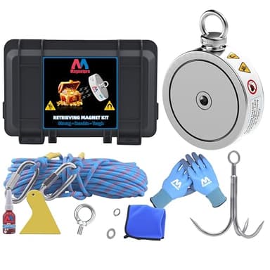Magnetpro 2690LB’s Complete Retrieving Magnet Fishing Kit | Double Sided Fishing Magnet Kit | Includes Strong Neodymium Magnets, Durable 65ft Rope, Carabiner, Gloves, Grappling Hook & Carry Case