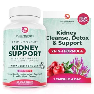 PurePremium Kidney Support Supplement – Kidney Cleanse Detox & Repair with Cranberry Extract & Astragalus - 21-in-1 Complex Supports Normal Bladder, Urinary Tract & Kidneys Health - 60 Day Supply