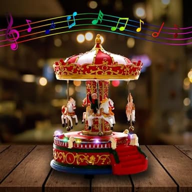 Christmas Carousel Figurines Decoration Christmas Village House Musical Carousel with 6 Moving Horses Go Round, 8 Pieces of Music Snow Globe, Music Box for Girl and Boy Kids (Carouel)