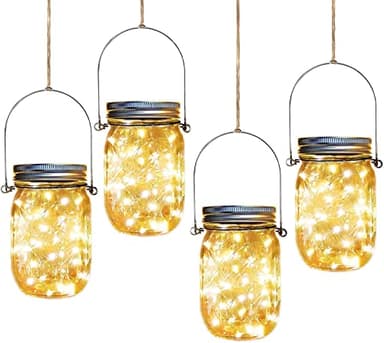 Solar Mason Jar Lights,4 Pack 30 Led Starry Fairy String Hanging Jar Lights,Solar Lanterns for Outdoor Patio Party Garden Wedding Halloween Christmas Projector Decor Light(Mason Jars/Handles Included)