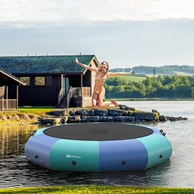 Goplus Inflatable Water Trampoline, 10FT/12FT/15FT Recreational Water Bouncer w/Electric Inflator, Rope Ladder, Mooring Ropes, Anchor, Adults Youth Bounce Swim Platform for Lakes, Pools