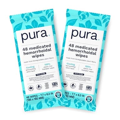 Pura XL Flushable Medicated Wipes for Hemorrhoid Relief, Extra-Large, Fragrance-Free Wet Wipes with Witch Hazel, Coconut Oil & Aloe, Skin Soothing, 96 Wipes (2 Packs)