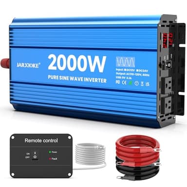 JARXIOKE 2000 Watt Pure Sine Wave Power Inverter, 24V dc to 110 Vdc to 120 Vdc, for Home, RV and Off-Grid Solar Systems, with 2 AC Outlets and USB Port, LCD Display, with Remote Control