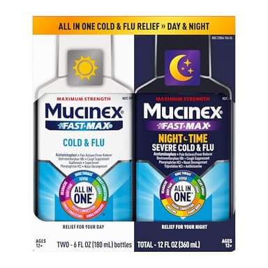 Mucinex Fast-Max Cold and Flu & Nightshift Medicine for Adults, Over-The-Counter Medication Combo Pack for Sore Throat Relief, Decongestant, Cough & Cold Medicine (2 x 6 Fl Oz)