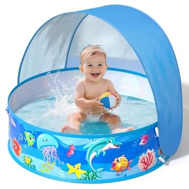 Baby Beach Tent, Pop-Up Above Ground Pool, Foldable Kiddie Pool with Sun Shelter Canopy for Ages 9-48 Months, Toddler Wading Pool, Portable Water Play Sum Toys for Outdoor Activity