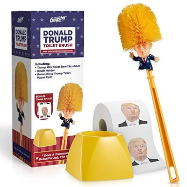 Trump Toilet Bowl Cleaner & Scrubber Set by Gagster – Democrat & Republican Bathroom Essentials Bundle – Trump Look-Alike Brush & 3-Ply Tissue Paper Roll – Top Political Gag Gift for Laughter