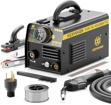 H HZXVOGEN 140A MIG Welder, 110V/220V Dual Voltage, Flux Core MIG/Lift TIG/Stick 3-in-1 Welding Machine with Synergic, IGBT Inverter, Portable Welder