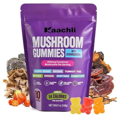 KAACHLI Ashwagandha and Mushroom Gummies 500mg with 8 Mushroom Blend (Reishi,Lion's Mane,Cordyceps) - Mushroom Gummies for Focus and Energy,Cognitive Boost -Mushroom Supplement for Adults,80 Count