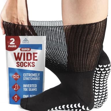 FORTIVO 2 Pairs Extra Wide Socks For Swollen Feet, Non-Slip Hospital and Diabetic Socks for Men and Women