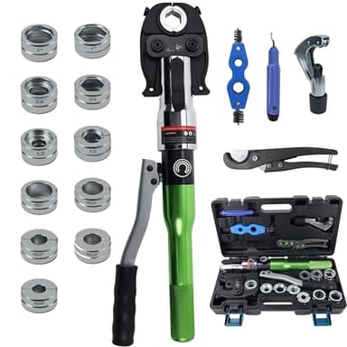 AMZCNC Pipe Press Tool with1/2,3/4,1" Dies for Copper Pipe and F877 Stainless PEX Press Sleeves,3/8",1/2",5/8",3/4",1" Dies for ASTM F1807 Pex Pipe Copper Ring Pipe Fittings Crimping Tool