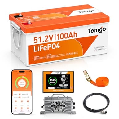 TEMGO 48V (51.2V) 100Ah LiFePO4 Lithium Golf Cart Battery, Complete Upgrade Kit with Charger, LCD Display & App, Built-in 200A BMS, Max 10.24kW Power Output